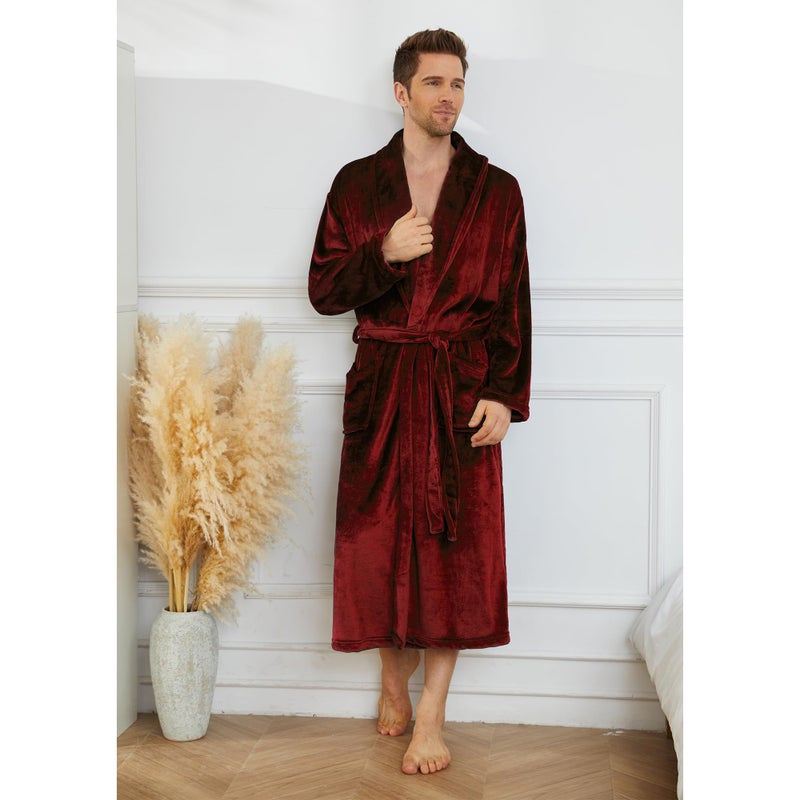 U2SKIIN Mens Fleece Robe Plush Collar Shawl Bathrobe(Dark Red,L/XL) - Image 3